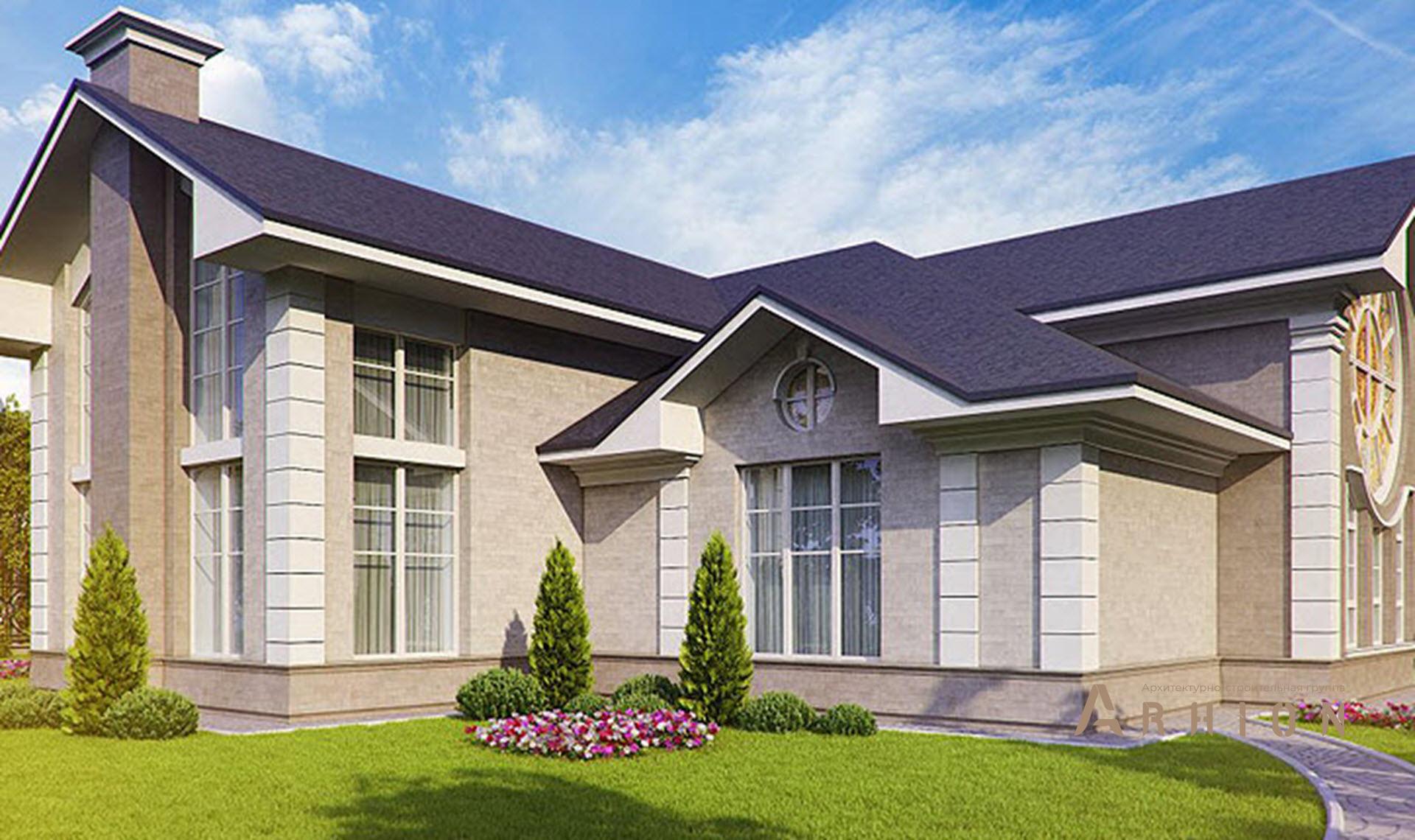 10. Проект одноэтажного дома в классическом стиле с многоскатной кровлей, SOV-12, площадью - 422 кв c мансардой, терассой, эркером, вторым светом